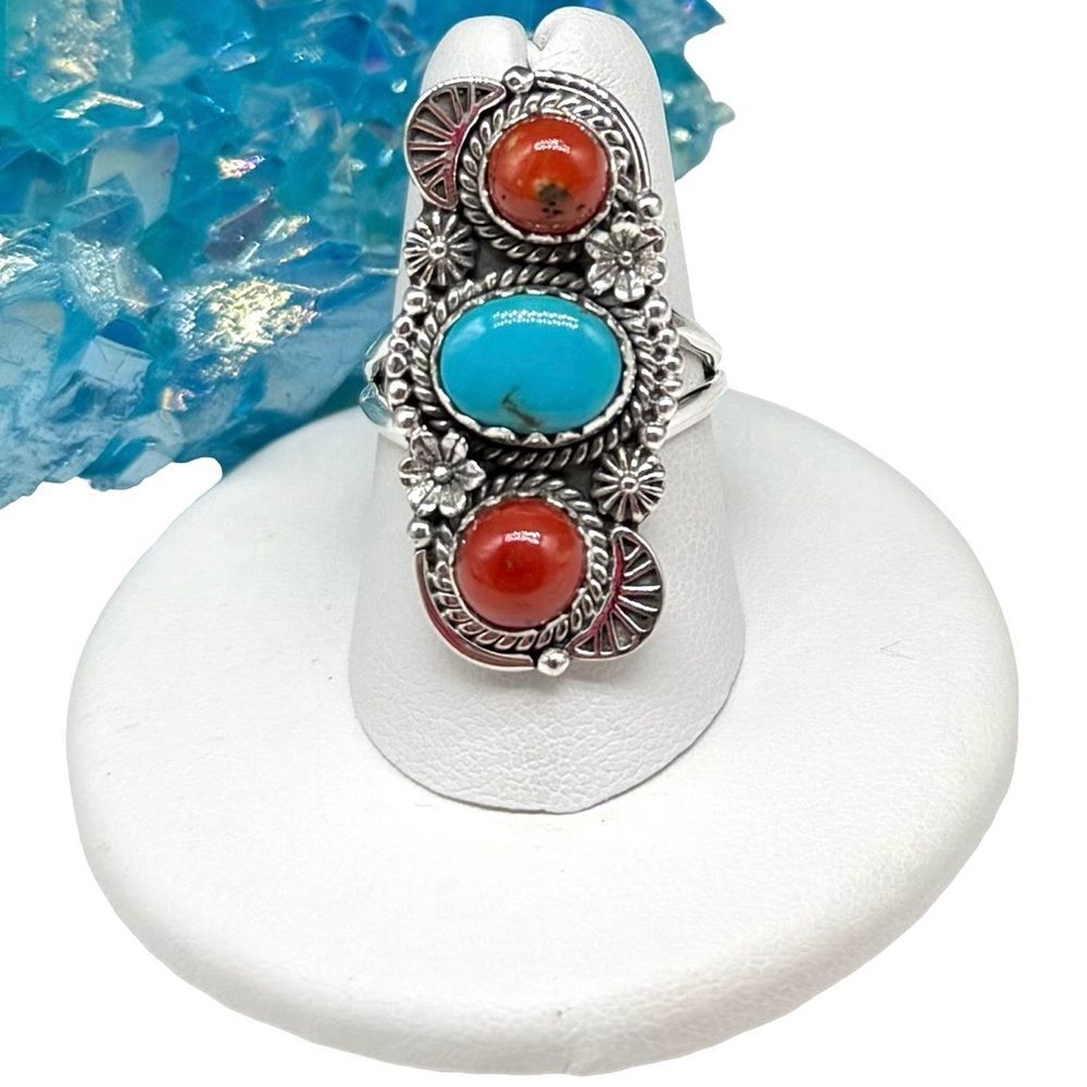 Kingman Turquoise Italian Red Coral Ring Size 7 Solid 925 Sterling Silver
